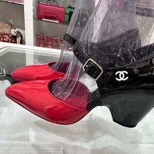 Chanel RED/BLACK Patent Leather Mary Jane Wedge Heel Sandals Pumps